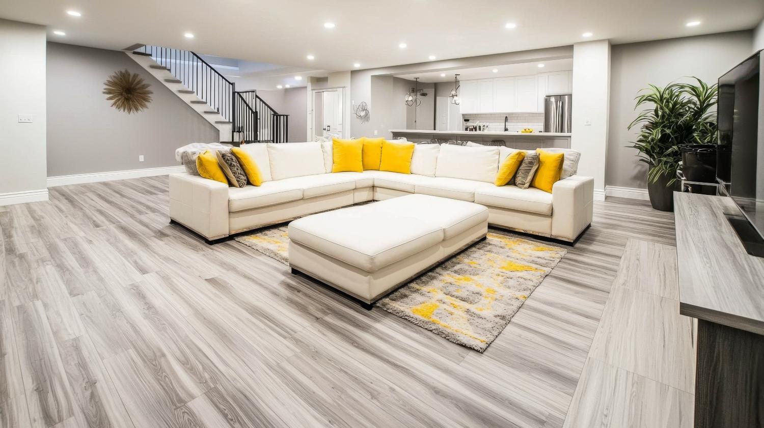 Finished basement living area with white sectional, yellow accents and a kitchenette